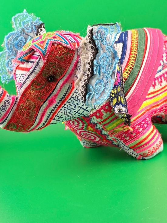 Vint. 10” Patchwork/Embroidery/Mirrors/Folk Art Elephant  Handmade Colorful Textile Elephant Folk Art Plush Decor Boho Ethnic Embroidered